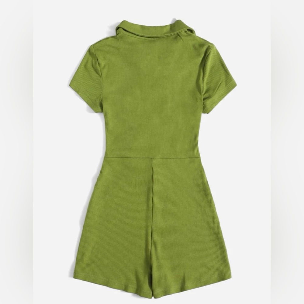 SHEIN Button Placket Ruched Front Rib-knit Solid Romper - Picture 2 of 6